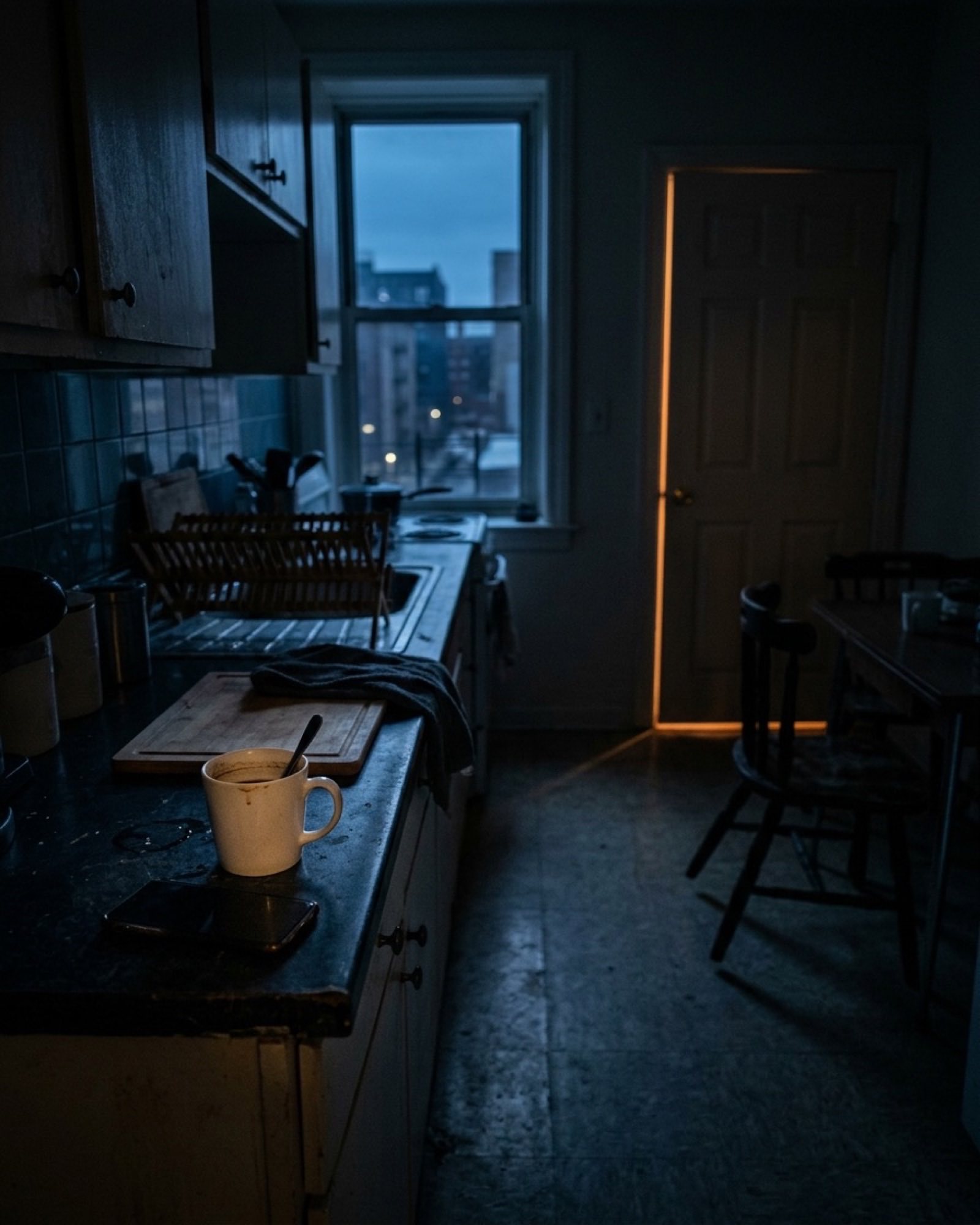 A small kitchen before dawn, one unwashed cup on the counter and a chair pushed out from the table.
