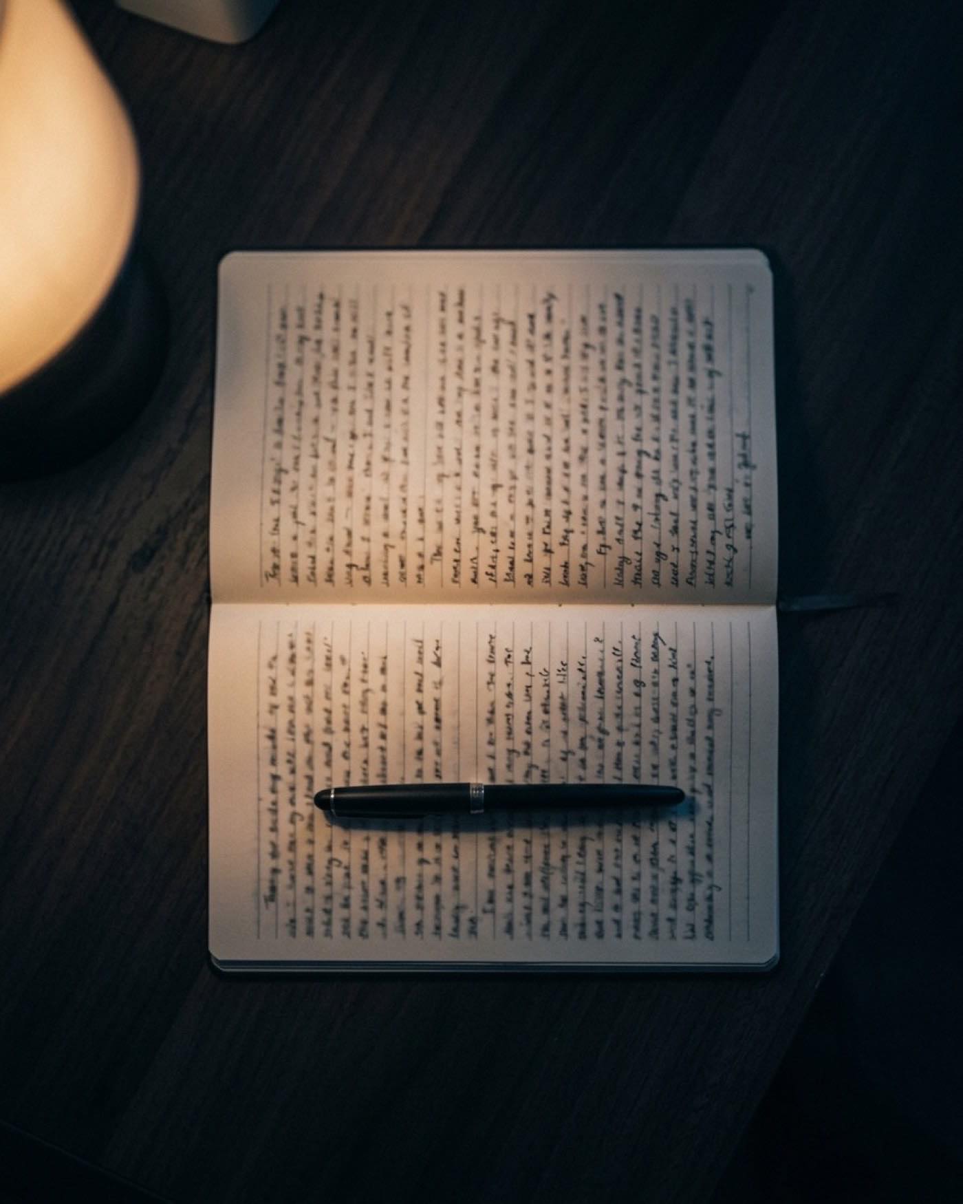 A handwritten notebook page photographed from above under one warm lamp, the writing soft and out of focus.