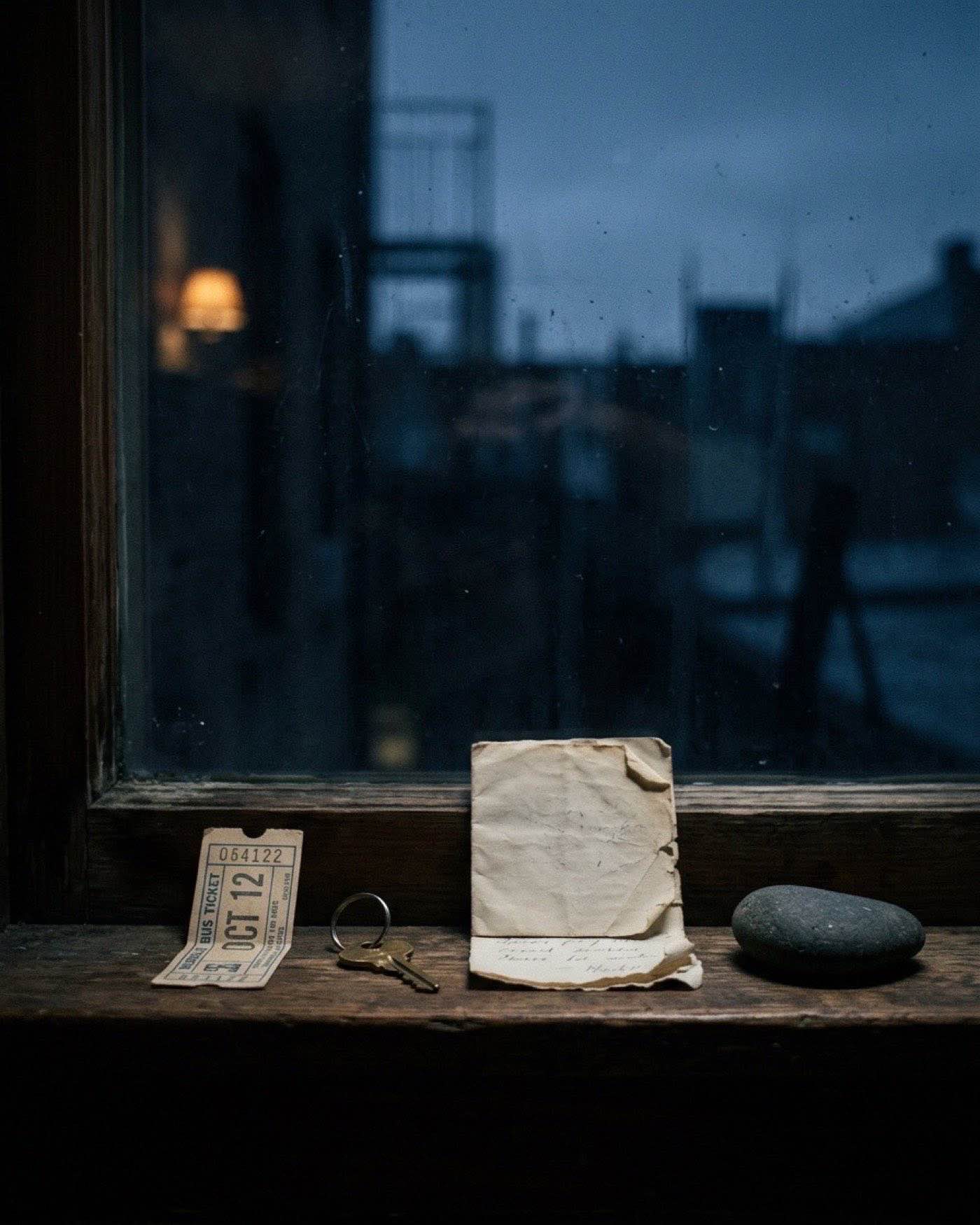 A ticket stub, a key, a folded scrap of paper and a smooth stone lined up on a windowsill at night.