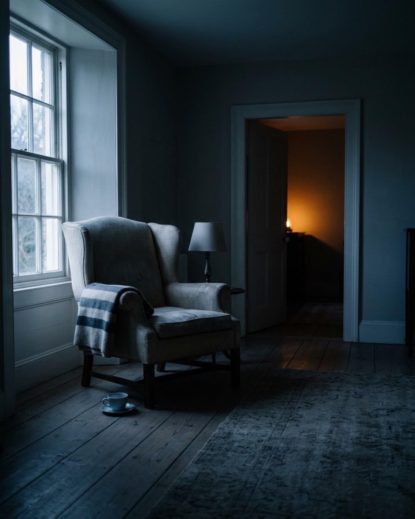 An empty armchair by a window in a dark room, a folded blanket over one arm and a cup on the floor.